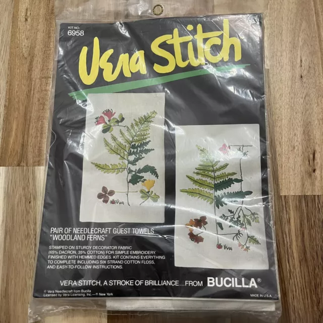 Par de toallas de colección VERA STITCH WOODLAND HELECHOS artesanía con aguja de Bucilla