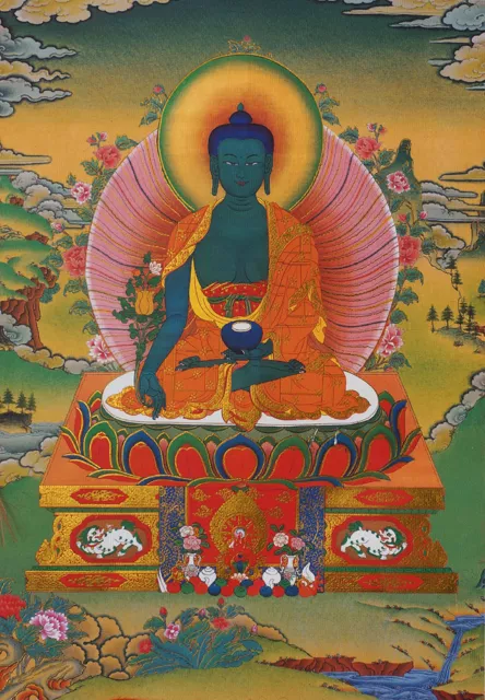 14" Silk Brocaded Blessed Golden Wood Scroll Tibetan Thangka: Medicine Buddha