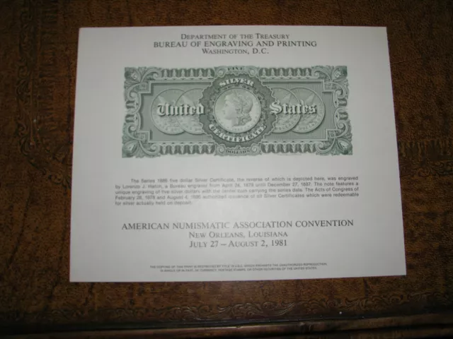 BEP souvenir card B 54 ANA 1981 back 1886 $5 Silver Dollar SC