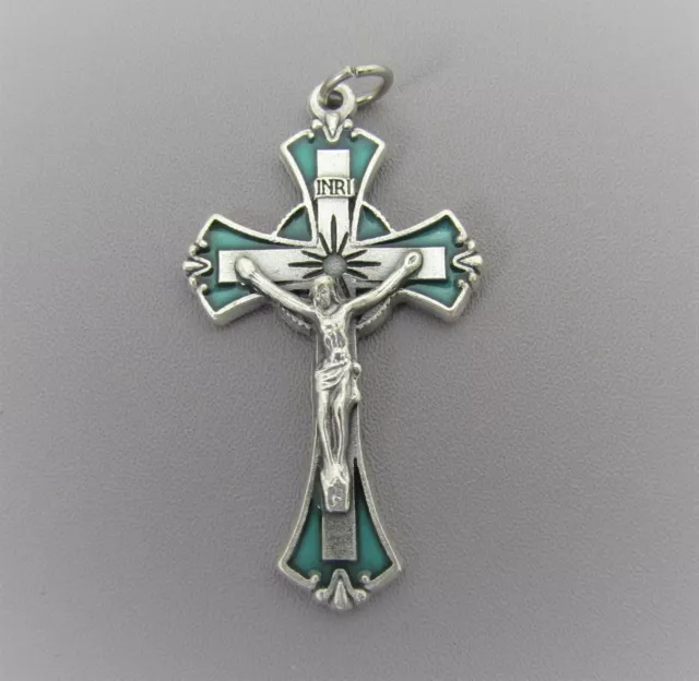 Green & Silver Enamel Rosary Crucifix 2" ITALY rosaries Cross Parts  C202G