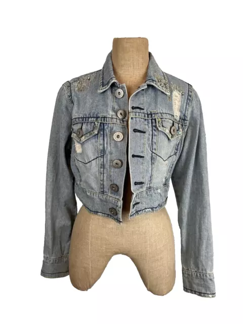 Z CAVARICCI DISTRESSED Denim Cropped Jacket with Sequin Accents Size L ...