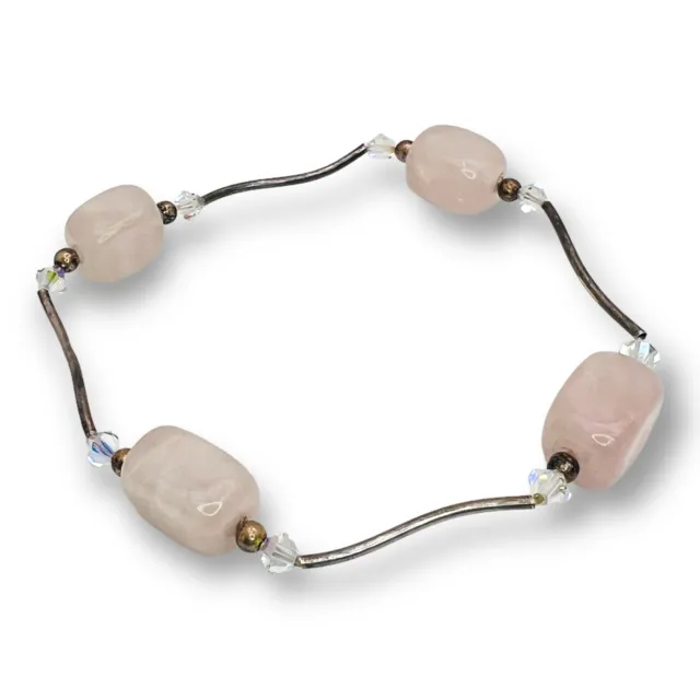 Vintage Artisan Pink Quartz Bracelet - Handmade - Liquid Silver Beaded Stretch