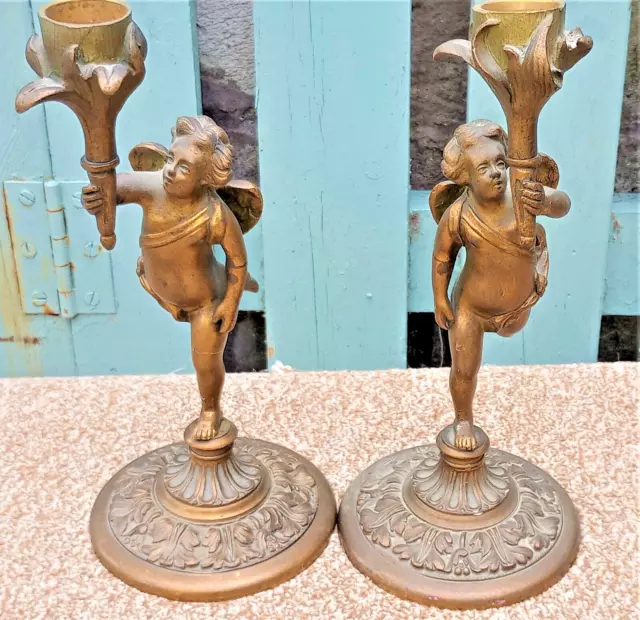 Quality Pair of Antique Ormolu Cherubs/Putti Candlesticks in Good Condition