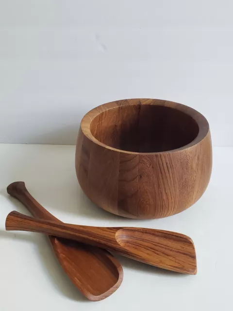 Mid-Century Danish Modern Dansk JHQ Denmark Teak Wooden Salad Bowl w/Servers MCM