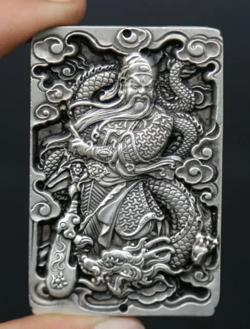 2.8" Old Chinese tibetan Silver handcarved Guan Yu Amulet Pendant 6902