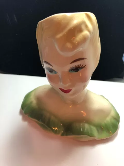 Vintage  Lady Head Vase 1960's Blonde with Green Dress