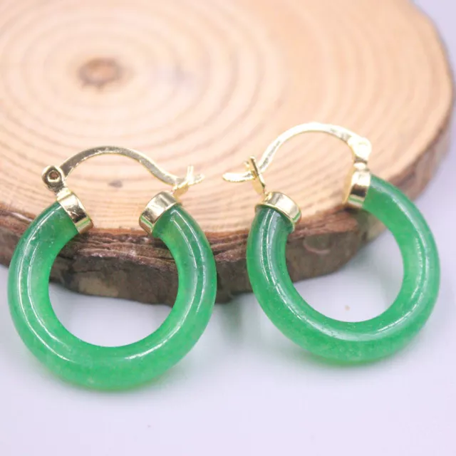 New 18K Yellow GP with Dark Green Green Jade Hoop Earrings Oriental Culture