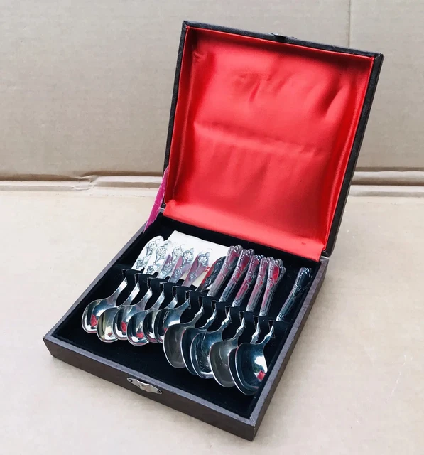 Vintage RUSSIAN USSR Silverplate 12 Spoons Melchior SOVIET Boxed Kolchug-Mizar