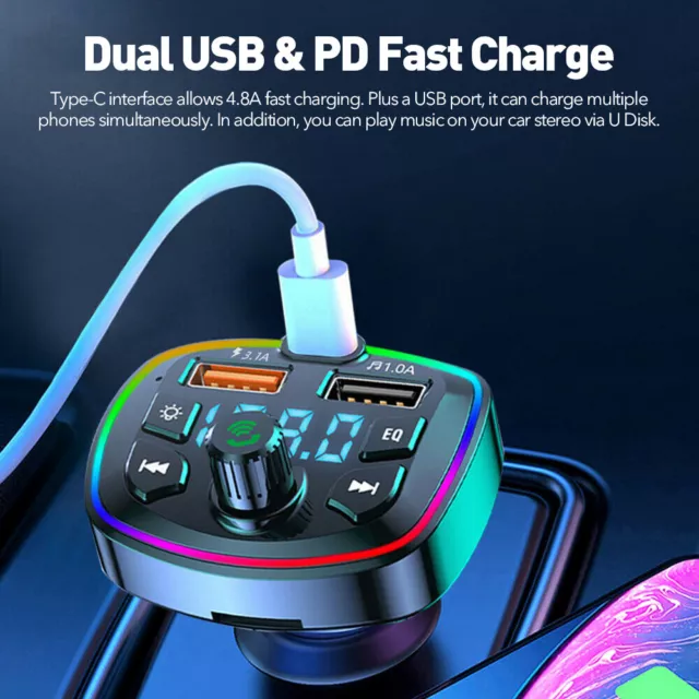 Car FM Transmitter Bluetooth Radio MP3 Player Music RGB Light Charger Kit USB 3