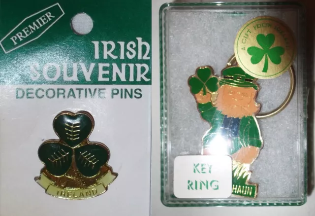 Gifts from IRELAND Irish souvenirs Shamrock KEYRING Leprechaun PIN BADGE