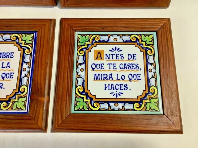 Set 4 VTG Spain Ceramic Talavera Hand-Painted SPANISH QUOTES 6"x 6" Decor Tiles 5