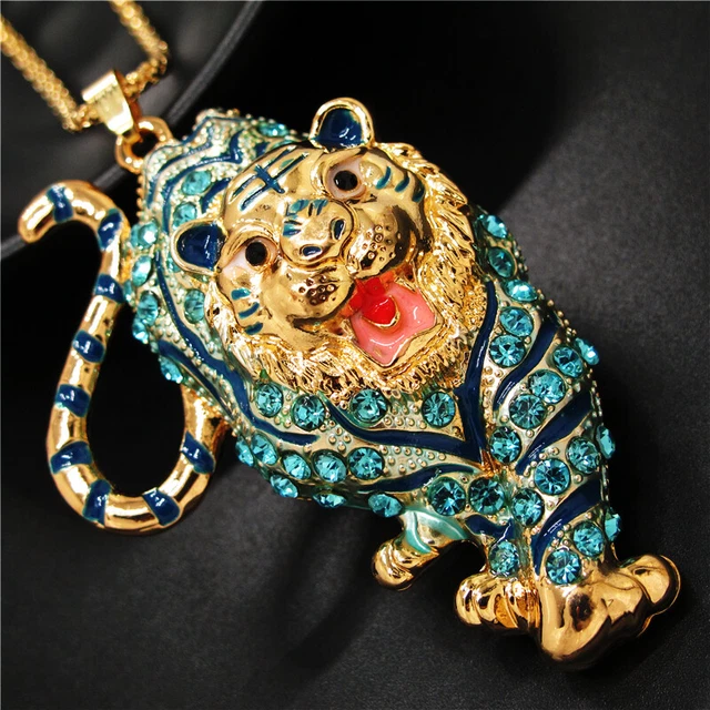 New Betsey Johnson Rhinestone Bling Blue Tiger Crystal Pendant Chain Necklace 2