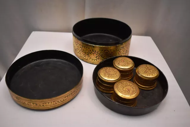 Antique Burmese Betel Nut Box Gilt Lacquerware Myanmar Floral Gold Painted Old"3 8