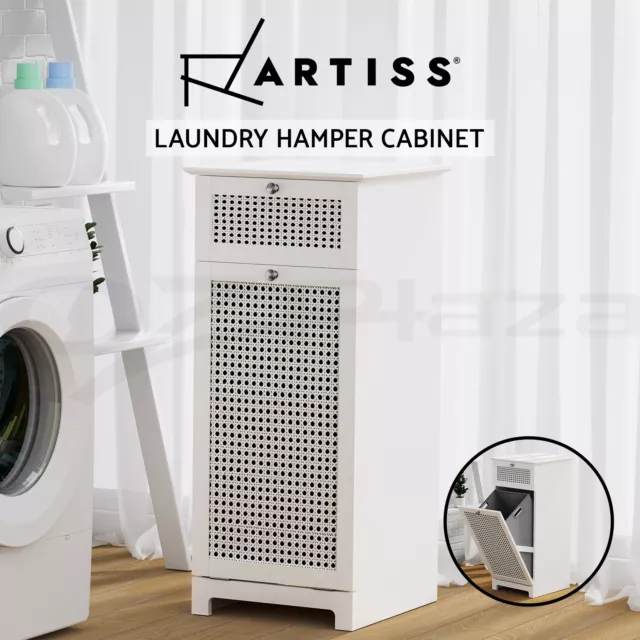 Artiss Laundry Hamper Cabinet Bathroom Storage White Rattan Clothes Basket