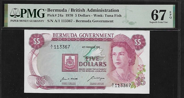 Bermuda 5 Dollars 1970 PMG 67 EPQ UNC P#24a Queen Elizabeth II Series A/I