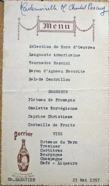 Perrier Advertising Menu 1957 French - Le Champagne des Eaux de Table