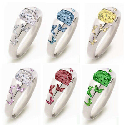 Women Silver Plated Blue Red Green Pink Crystal Butterfly Ring Wedding Jewelry