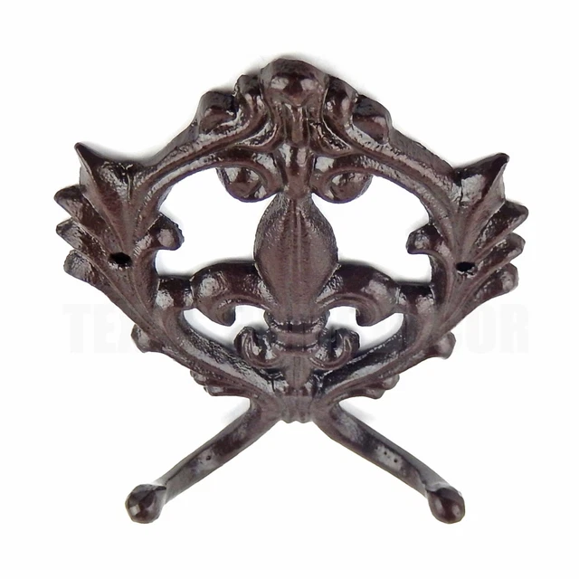 Fleur De Lis Scroll Double Wall Hook Coat Rack Key Towel Brown Cast Iron 6.5" 2