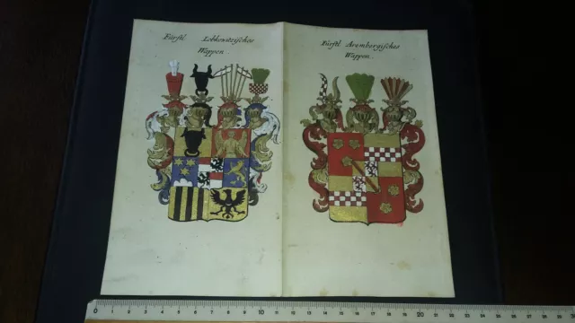 Kupferstich von 1736 - Fürst Lobkowitz Wappen , Fürst Aremberg koloriert Adel