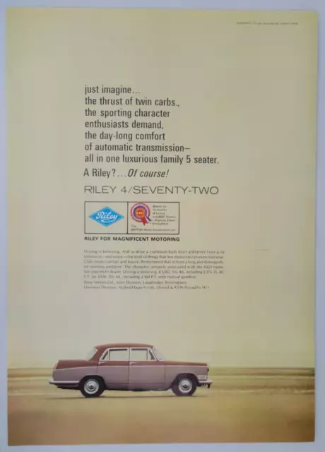 Riley 4/Seventy-Two "Of Course" Sedan Car Auto UK Print Ad 1965 ILN ~14x10"