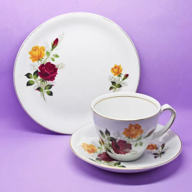 Alfred Meakin Glo-White Ironstone Trio Red & Yellow  Roses,Tea Cup,Saucer,Plate
