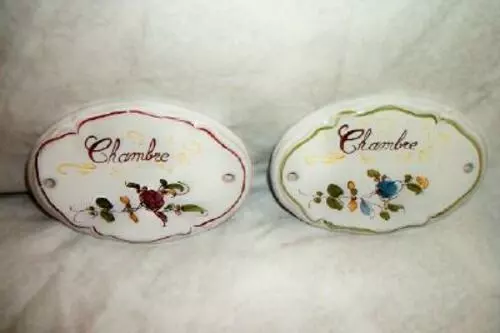 Vintage French Chambre Bedroom Door Plaque Hp Pottery Pink Blue Pair Signed