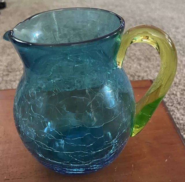 7.5” Hand Blown Crackle Blue Glass Water Pitcher Vintage