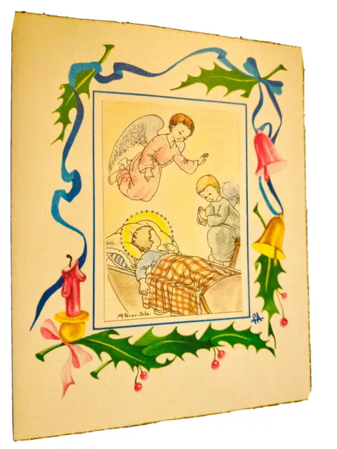 Angels Wings Jesus Perez Dola Christmas Card Spain Bells c1954 Mid Mod Vintage..