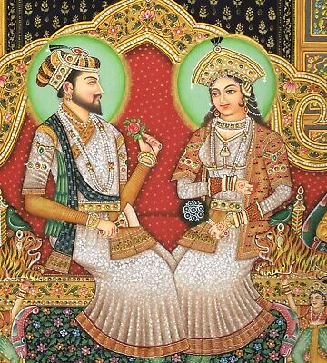 Miniature Portrait Peinture De Moghol Empereur Shahjahan Et Empress Marque Mahal