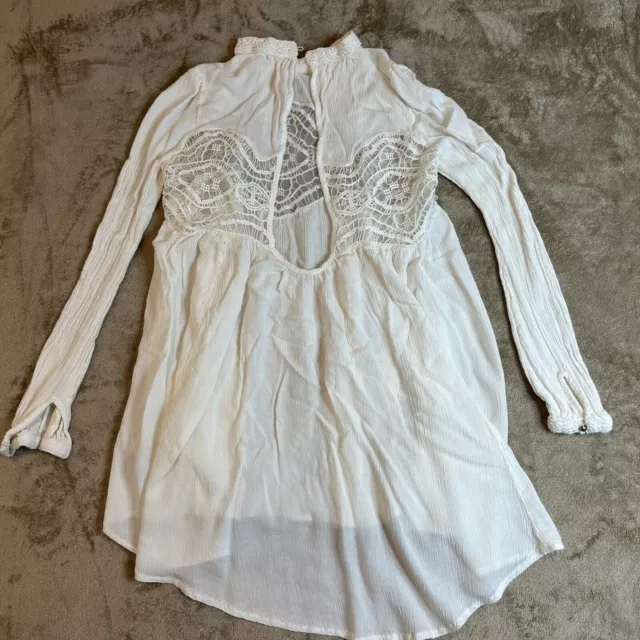 Free People Women's Size Small Boho Blouse Top Mock Neck Lace Detail 2