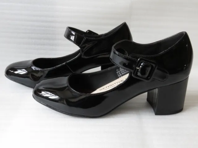 F&F Womens Black Patent Mary Jane Shoes Block Heel Court Padding UK Size 6 39