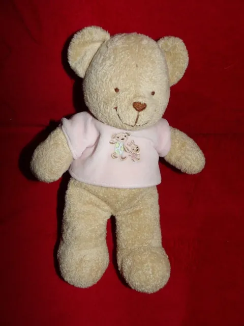Doudou Peluche Tex Ours Beige Tee Shirt Rose Brode Ours Lapin 27 cm