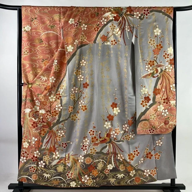 Japanese Kimono Furisode Pure Silk Chinese Phoenix Branch Plum Salmon Pink Color