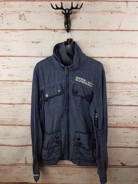 Superdry Mens Jacket Medium Blue Lightweight Cotton Coat Double Zip Logo