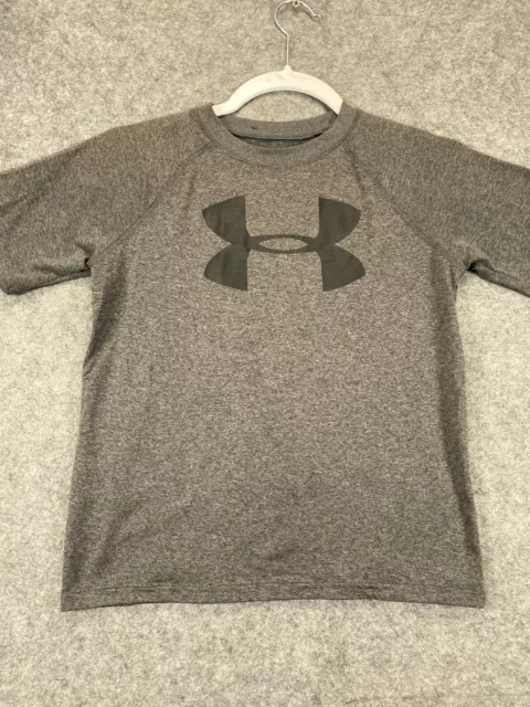 Under Armour HeatGear T Shirt Youth Kids Boys S Small Gray Black Logo Loose Crew