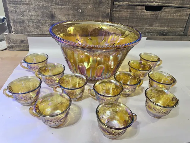 VTG!!! RARE Gorgeous Amber Irridescent Carnival Glass Punch Bowl and 12 Glasses