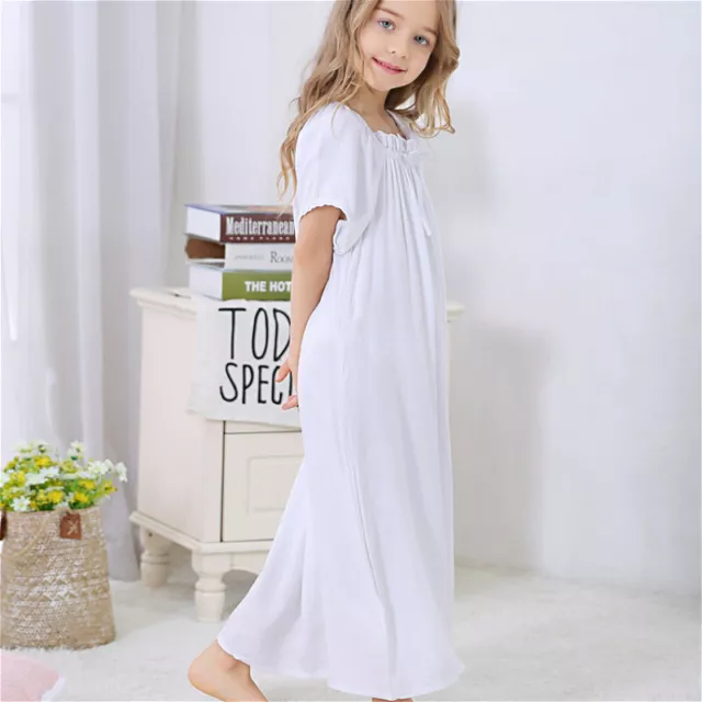 Kids Cotton Nightdress Lace Pajamas Girls Sleepwear Nightgown Short Sleeve Home