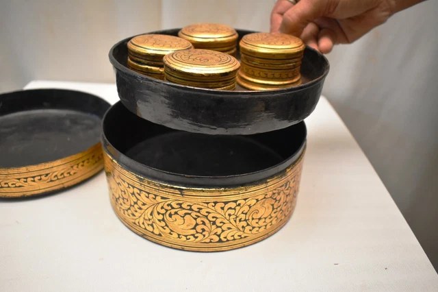 Antique Burmese Betel Nut Box Gilt Lacquerware Myanmar Floral Gold Painted Old"3 9