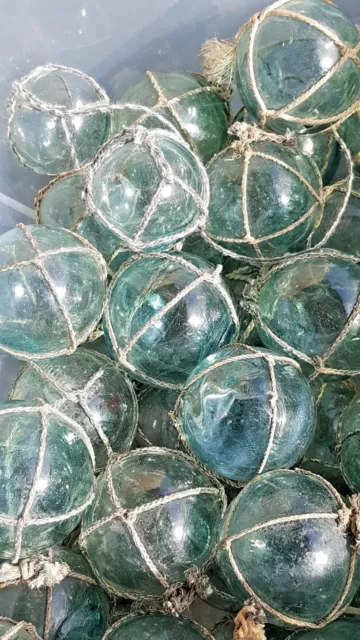 Japanese Glass Fishing FLOATS 2" LOT-5 Round NETTED Buoy Balls Vntg USA BZ