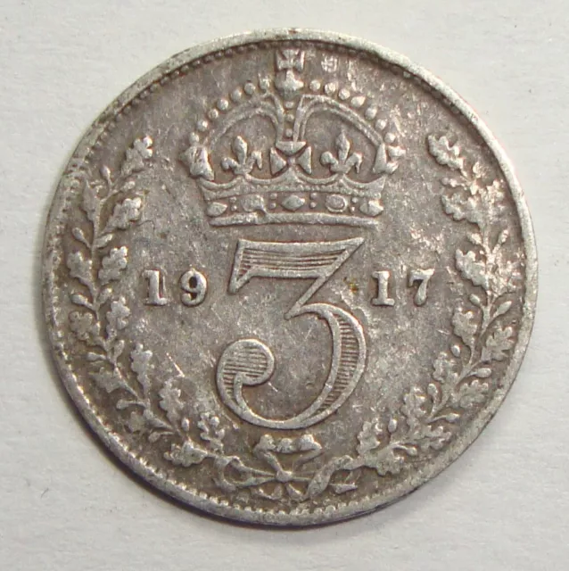 1917 Great Britain Three 3 Pence George V Sterling Silver World Coin