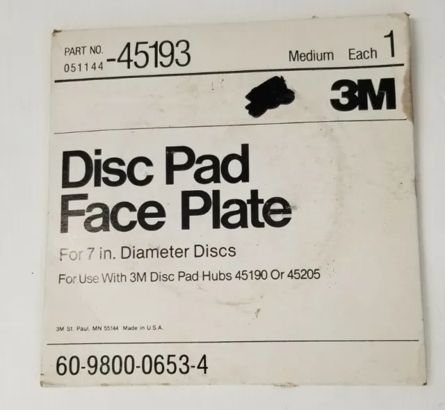 3M Disc Pad Face Plate 7" 051144 45194 Medium New Old Stock