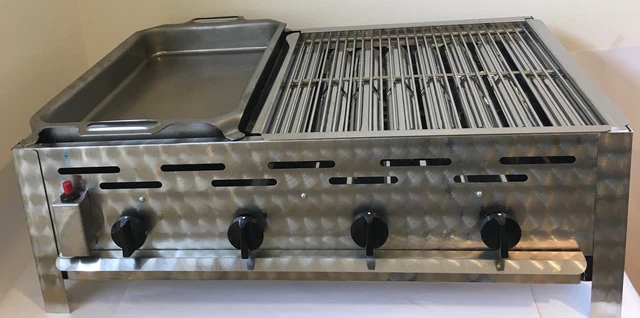 Gastrobräter Gasgrill Edelstahl 4 flammig mit 2er Rost und 1er Pfanne 81 x 53