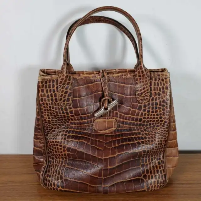 Longchamp Rozo handbag croc embossed brown women's USED FROM JAPAN