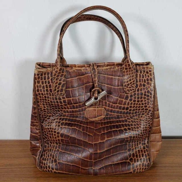 Longchamp Rozo handbag croc embossed brown women's USED FROM JAPAN