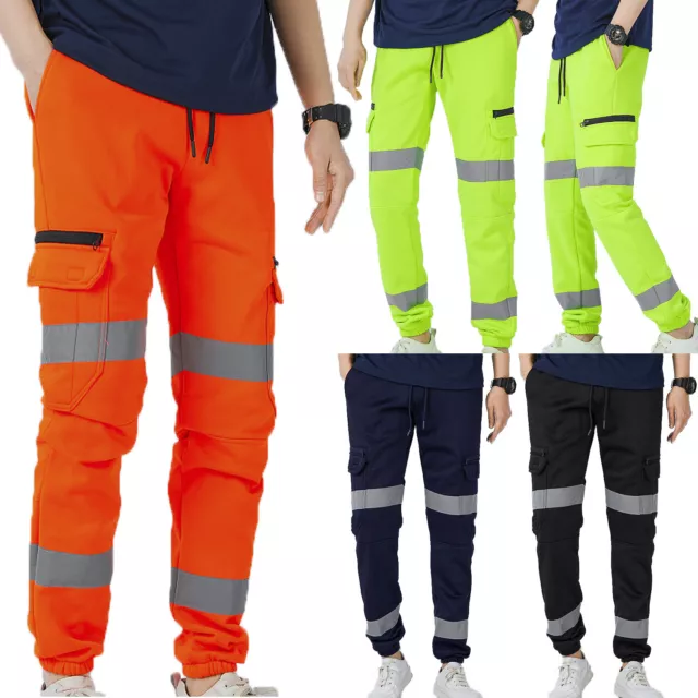 Mens Hi Vis Fleece Pants Reflective Tapes Cargo Workwear Safety Track Trousers