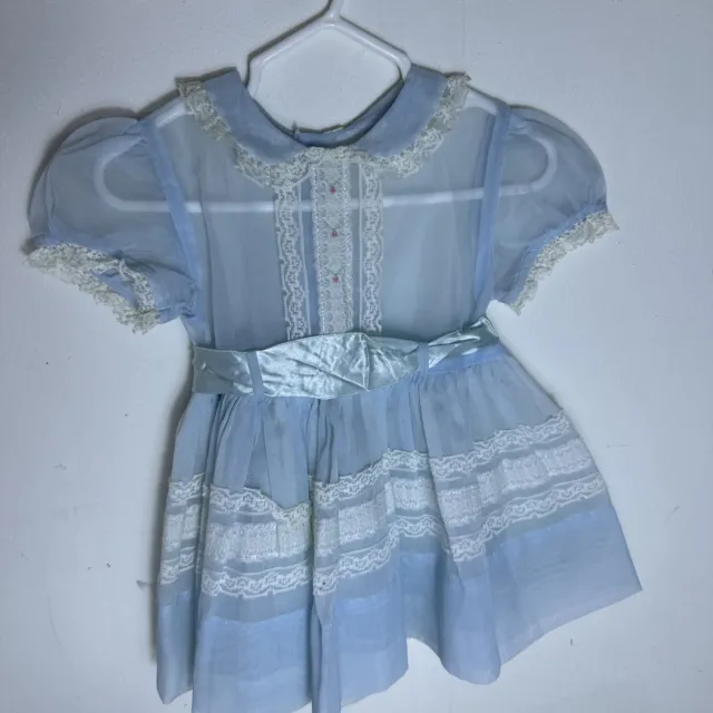 Vintage Nanette Sheer Blue Pinafore Baby Dress Satin Bow Lace Detail Made In USA