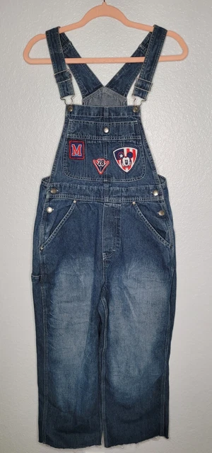 Disney Mickey Mouse Patches Distressed Denim Capri Overalls Size XS 100% Cotton