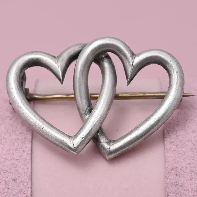 Antique Victorian Sweetheart Double Heart Sterling Silver Brooch Pin