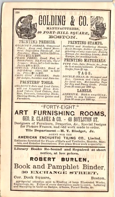 GOLDING & CO Printing Manufacturer Press Printing Stamps 1880 Boston Almanac Ad