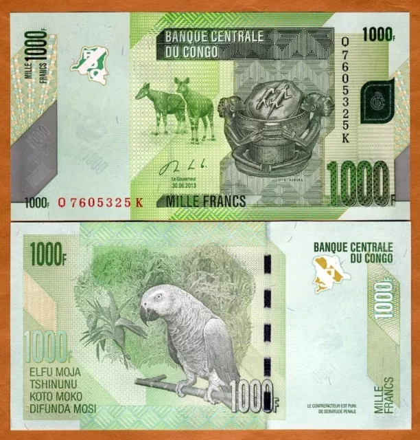 Congo D. R., 1000 (1,000) Francs, 2013, P-101b, UNC Parrot